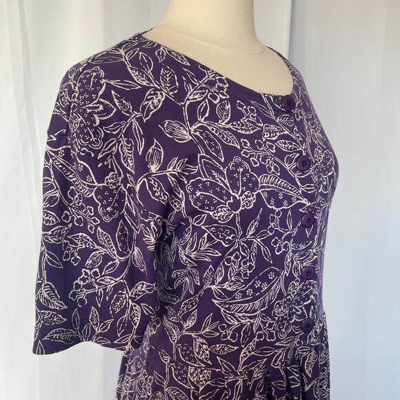 Vintage Midi Dress Size Medium Petite Purple White Floral A Line Button Cottage - Picture 5 of 15